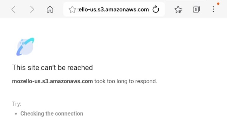 Browser error screen reading 'This site can't be reached — mozello-us.s3.amazonaws.com took too long to respond'